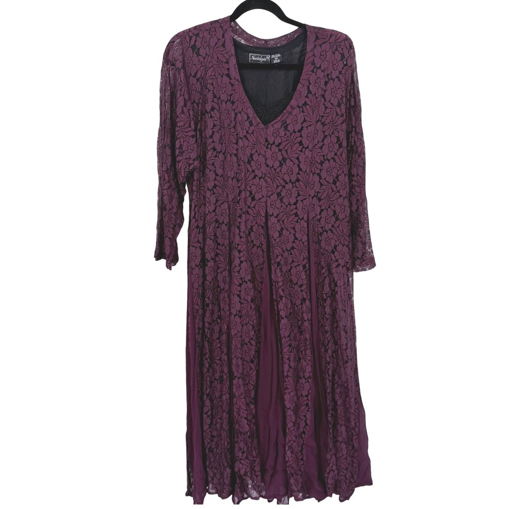 Vintage Nostalgia Plum Purple Floral Lace Midi Dress Long Sleeve V-Neck Sz M